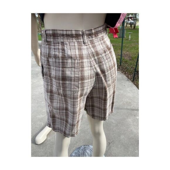 Vtg | 90s Kathy Ireland Plaid Shorts Bermuda Pleat Front Tan Brown Linen Cotton - Picture 2 of 9
